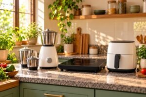 Mixer grinder, induction cooktop and air fryer on an Indian kitchen counter